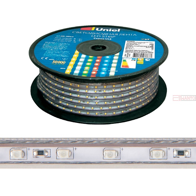 Светодиодная лента ULS-2835-120LED/m-10mm-IP67-220V-10W/m-50M-3000K бобина
